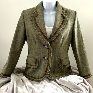 Tweed Wool Blazer-Velvet and Fray Trim- Brushed 2 Button Closure